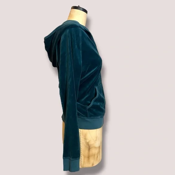 JUICY COUTURE Emerald Teal Green Pullover Hoodie Top Luxe Y2K Vintage Retro - Picture 3 of 7